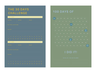 100 Days of and 30 Days Challenge planner.  Minimalist planner template set. Vector illustration.	