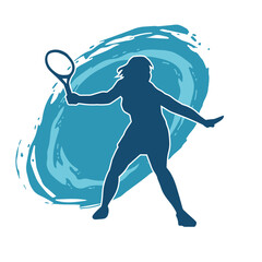 Silhouette of a female tennis player in action pose. Silhouette of a woman playing tennis sport with racket.