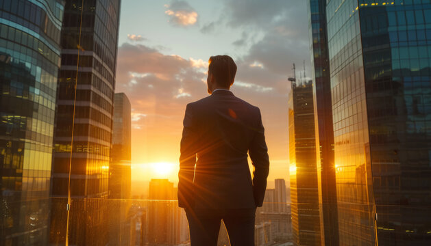 Businessman Staring off into the Sunset over the City