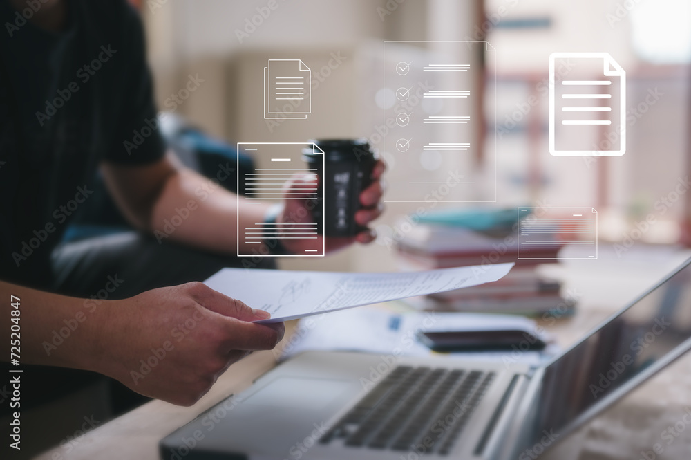 Aufkleber document data system report hr technology concept: businessman manager checking white documents repo