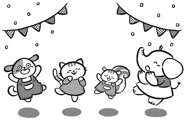 元気よくジャンプする動物たち　手描きイラスト素材　線画