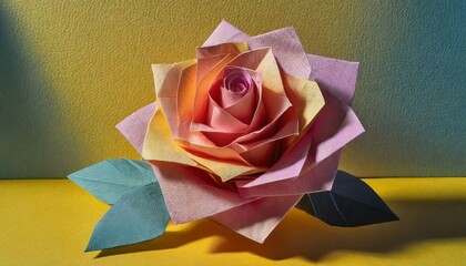 a colorful origami rose on a textured yellow background. Experiment with lighting and shadows to enhance the three-dimensional quality of the paper art. 