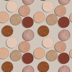 Seamless Pattern with refill eye shadow beige brown natural color on neutral background. Makeup palette eyeshadows powder, shine and matte, minimal aesthetic photo pastel colored, top view, flatly