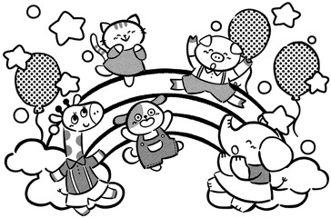 元気にジャンプする動物とカラフルな虹の手描きイラスト素材　線画
