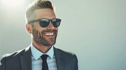 envision a distinguished businessman standing confidently with a smiling face, stylish sunglasses, white background, formal dress and sunglasses,charisma and success,photography