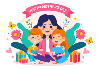 Happy Mother Day Vector Illustration of Affection for Baby and Kids from Mothers with Flower and Gift Concept in Flat Cartoon Background Design