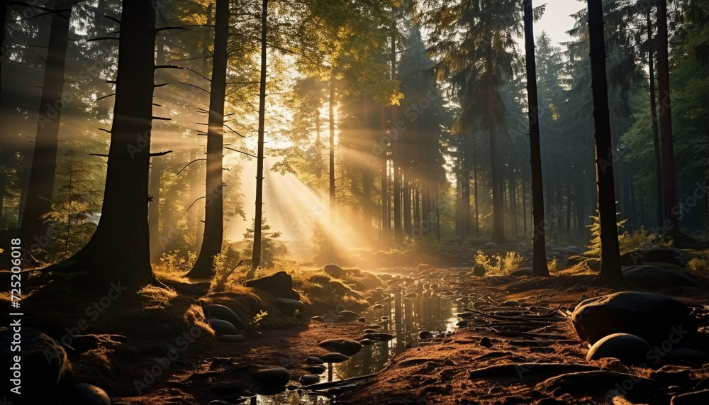 Poster tranquil scene autumn forest, sunlight filters through foggy trees generated by ai