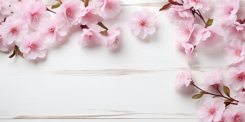 Pink flowers on white wooden background during spring. Top view with copy space.