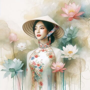 Ethereal Beauty Amidst Blooming Lotus with vietnamese girl with Generative AI.