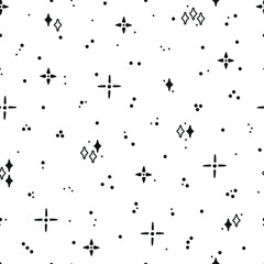 Vector Star Seamless Cute Pattern. Starry Sky Background. Festive Stars Black White Wallpaper. Holiday and Birthday Party Design.