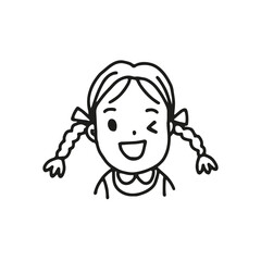 Little girl smiling black linear isolated on white background. Vector illustration