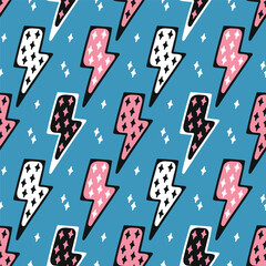 Lightning Bolts Seamless Cute Pattern. Kids Blue Background with Thunderbolts. Vector illustration