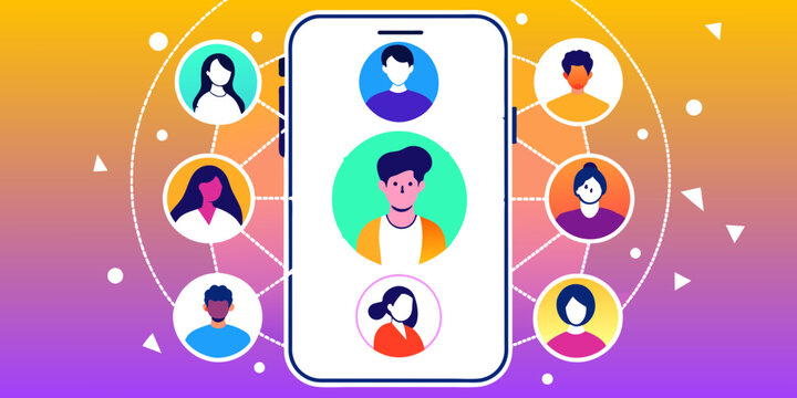 Smartphone with male and female profiles. Friends chatting. New generation. The concept of social networks, virtual relationships. Friends chatting and texting. Vector illustration. gradient backgroun