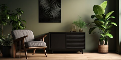 Contemporary living room interior with wooden commode, black armchair, tropical leafs, elegant accessories, and abstract wall art.