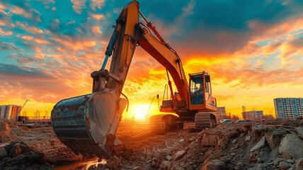 Excavetror working at construction site with underconstruction site background during sunset time, generative ai
