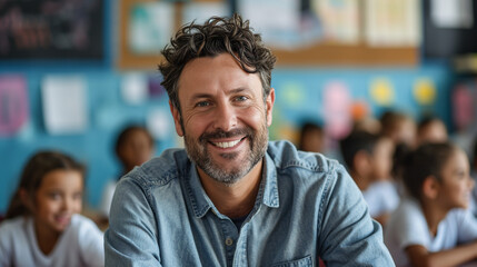 Portrait of smiling male teacher in a class at elementary school looking at camera with learning students on background. Happy smiling middle aged man  elementary or junior school male teacher  - obrazy, fototapety, plakaty