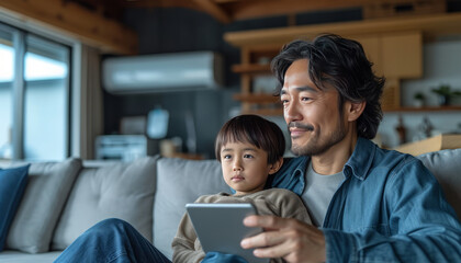 Obraz premium Asian family Adjusting a temperature air conditioner using a tablet with smart home app in modern living room ,generative ai