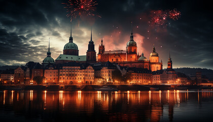 Fototapeta premium Famous place illuminated at dusk, majestic architecture generated by AI