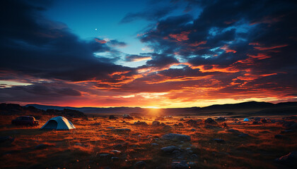 Sunset over the mountain range, a tranquil scene of beauty generated by AI