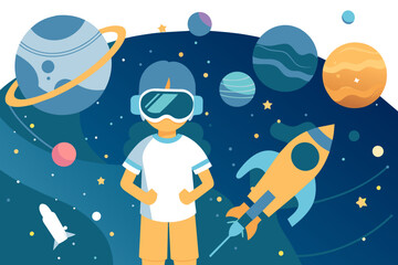 Virtual reality concept. Girl in space next to planets and rocket. Character in VR glasses metaphor of innovations and modern technologies. Games or learning. Cartoon flat vector