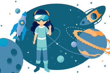 Virtual reality concept. Girl in space next to planets and rocket. Character in VR glasses metaphor of innovations and modern technologies. Games or learning. Cartoon flat vector