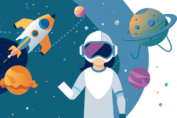 Virtual reality concept. Girl in space next to planets and rocket. Character in VR glasses metaphor of innovations and modern technologies. Games or learning. Cartoon flat vector