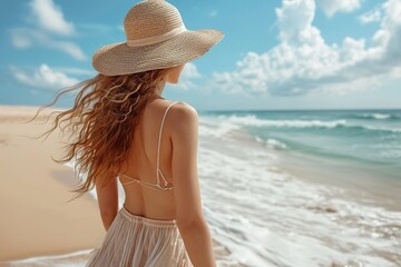 a young pretty woman in a hat and a light dress is walking on the sandy beach.