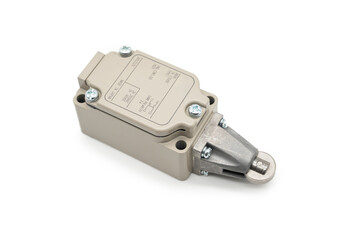 Limit switch sensor of the machine. limit switch for mechanical movement and actuators limits. isolated on white background of limit switch, control device, electrical equipment in control system.