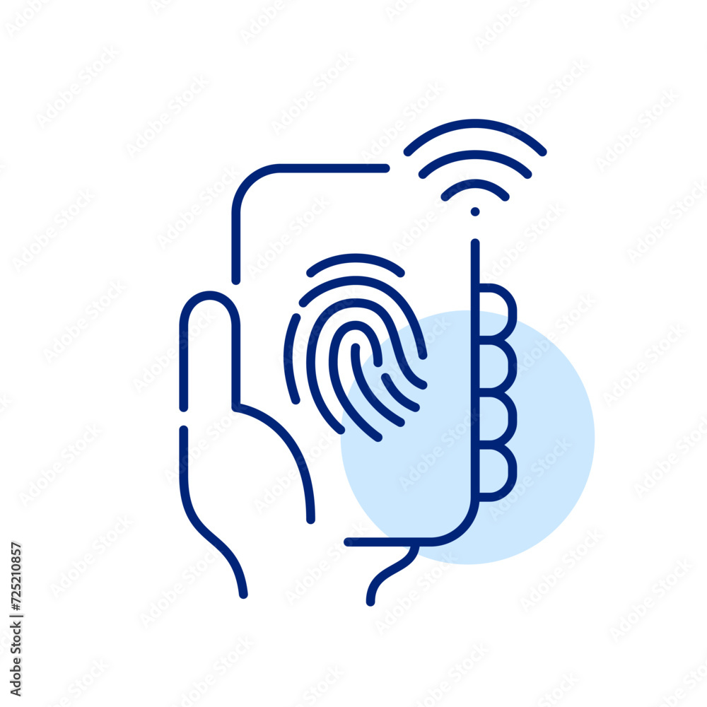 Poster digital biometric identification. hand holding smartphone with fingerprint and wi-fi symbol. pixel p