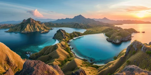 Poster Landscape view from the top of Padar island in Komodo islands, Flores, Indonesia at sunset © Kien