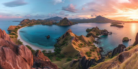 Landscape view from the top of Padar island in Komodo islands, Flores, Indonesia at sunset