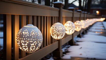 Snow covered lantern illuminates the winter night outdoors generated by AI