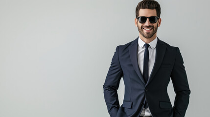 envision a distinguished businessman standing confidently with a smiling face, stylish sunglasses,white background, formal dress and sunglasses,charisma and success,photography