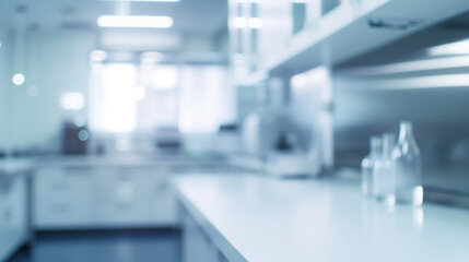 Blurred interior of a modern laboratory with cool blue tones, suggesting high-tech research or medical environment