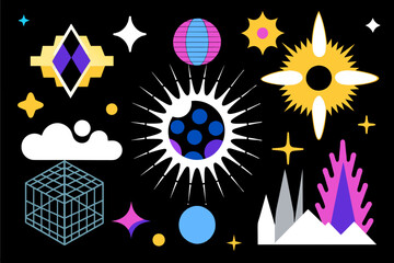 Set of geometric logos space explosion, dazzling flash. Modern bold brutalist objects and shapes of the sun and stars. Colorful minimalistic figures silhouettes. Contemporary desig