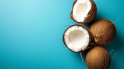 Fototapeta na wymiar Whole and halved coconuts arranged neatly on a blue background, highlighting tropical freshness or summer concepts