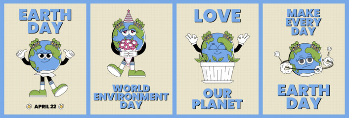 Earth day or World Environment Day set poster. Retro Earth character cartoon groovy style. Funky globe flyer with psychedelic smile face. Vector illustration