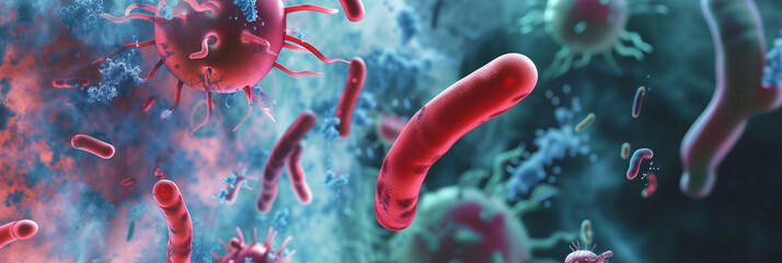 Digital illustration of red blood cells and viruses, depicting concepts related to health, medicine, and immune response