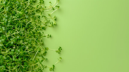 Fresh microgreens on a green background  with a place for text, concept of healthy eating and sustainable living