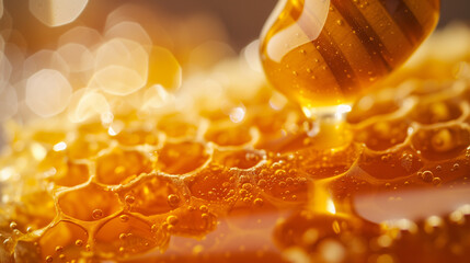 Golden honey pouring onto a honeycomb, showcasing natural sweetness and healthy food concept, against a bokeh light background  with a place for text