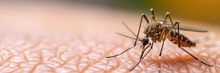 A close-up image of a mosquito feeding on human skin, potentially useful for concepts related to healthcare, diseases, or pest control, background  with a place for text - obrazy, fototapety, plakaty