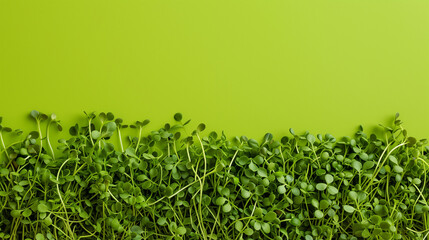 A vibrant green background  with a place for text  with a dense cluster of fresh microgreens at the bottom, ideal for healthy eating or spring concepts