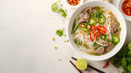 Top view of a fresh, homemade Vietnamese pho soup with rice noodles, beef slices, and garnished with herbs, lime, and chili, on a white background  with a place for text