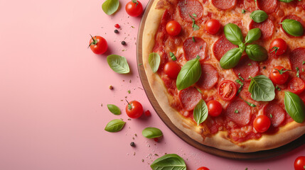 Fresh pepperoni pizza with basil and cherry tomatoes on a pink background with a place for text, suitable for culinary concepts or menu designs