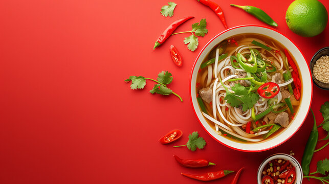 Top-down view of a vibrant bowl of pho with fresh herbs, chilies, and lime on a red background  with a place for text, suggesting Vietnamese cuisine or culinary concepts