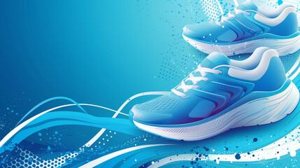 A pair of blue sport running shoes with dynamic wave and particle design elements on an abstract blue background, suggesting movement and athleticism