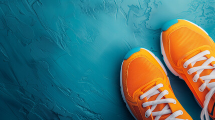 A pair of bright orange sneakers with white laces against a textured blue background, symbolizing active lifestyle or sports concepts