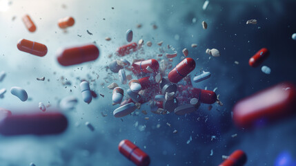 Various capsules and tablets are scattered in a dynamic, weightless arrangement against a dark background, symbolizing pharmaceuticals or medicine concepts