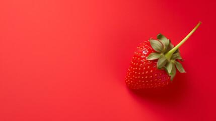 A fresh ripe strawberry on a vibrant red background, ideal for concepts involving healthy eating, summer, or Valentine's Day due to the red color scheme