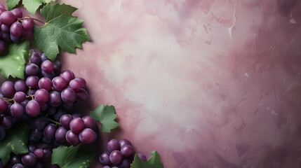 Bunches of fresh purple grapes with green leaves on a textured pink background with a place for text, ideal for wine-related themes or healthy eating concepts